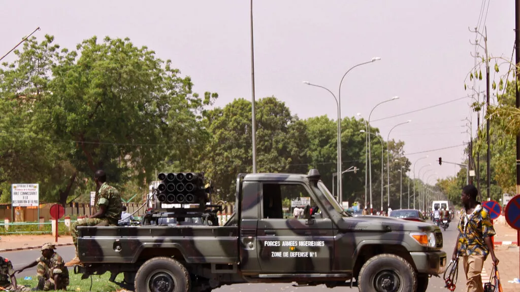 A military car seen in a street in the city of Naimey, Niger