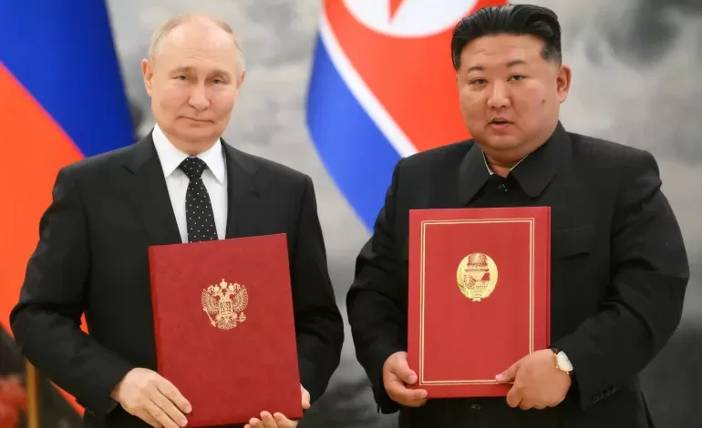 Russia's President Vladimir Putin and North Korea's leader Kim Jong Un signed off on a military alliance in Pyongyang, North Korea in June [Reuters]
