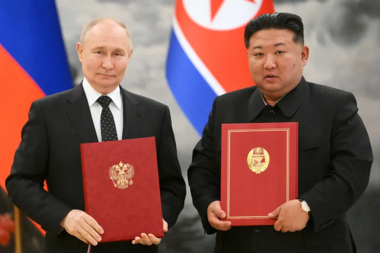 Russia's President Vladimir Putin and North Korea's leader Kim Jong Un signed off on a military alliance in Pyongyang, North Korea in June [Reuters]