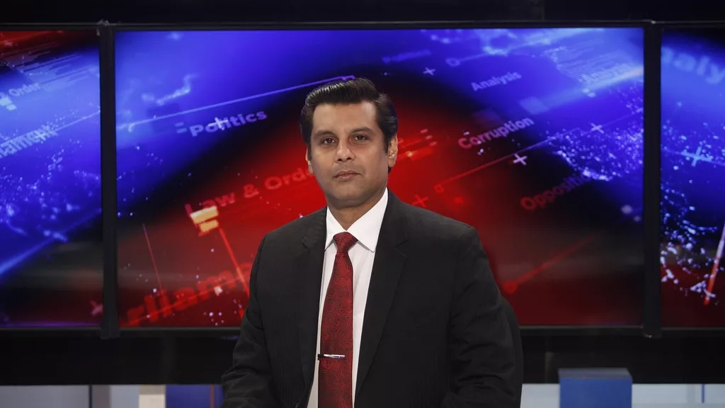 Pakistani journalist Arshad Sharif before recording an episode of his show at a studio in Islamabad, Pakistan, 15 December 2016