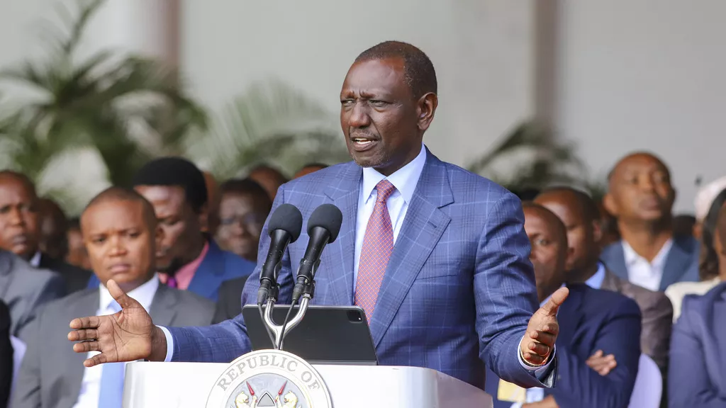 Kenyan President William Ruto gives an address at the State House in Nairobi, Kenya Wednesday, June 26, 2024.