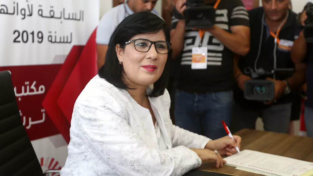 File photo from August 2, 2019, Free Destourian Party (PDL) President Abir Moussi presents her candidacy for Tunisia's upcoming presidential elections.