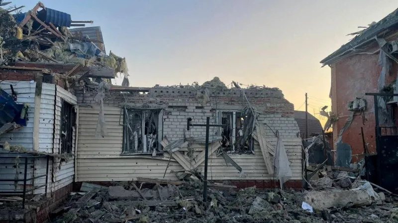 A damaged house following what Russian authorities called a Ukrainian military strike on the town of Sudzha