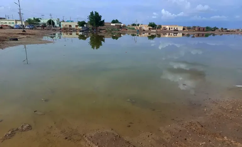 Floodwaters spread across a valley of Abu Hamdan