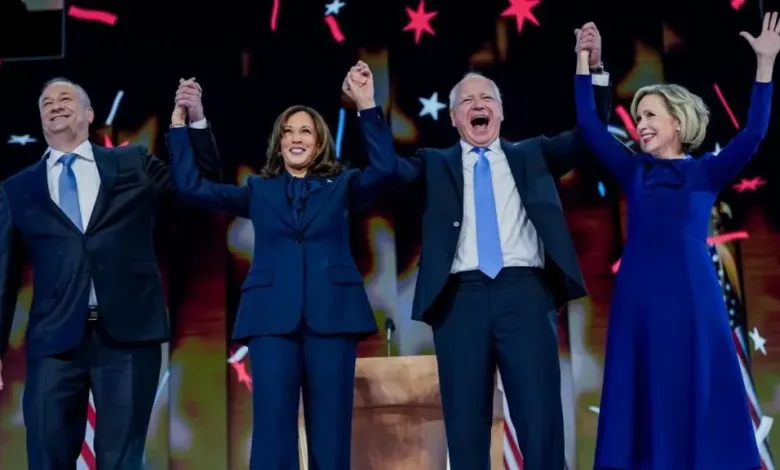 Harris was joined by husband Doug Emhoff (L), plus running mate Tim Walz (second R) and his wife Gwen Walz