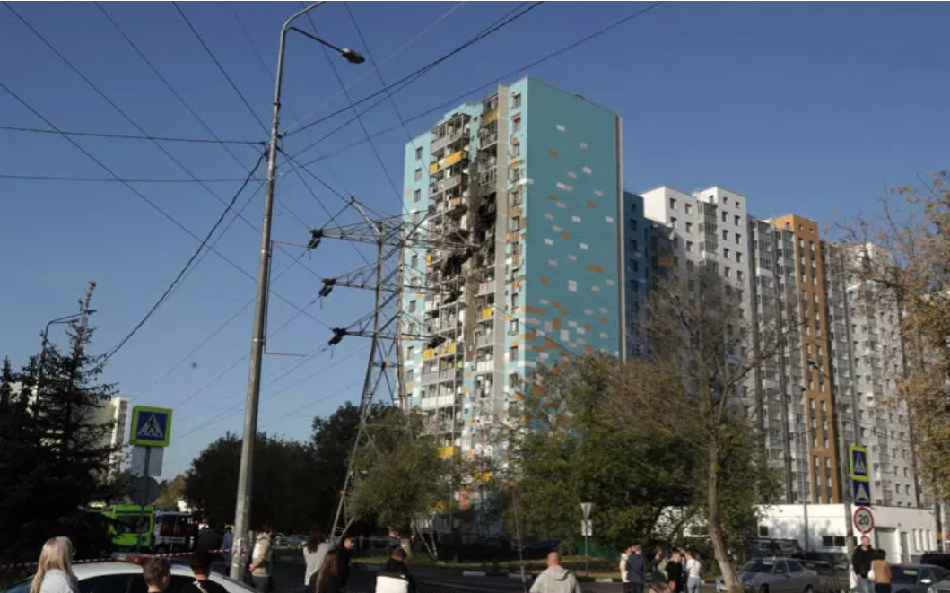 Damaged residential building following a drone attack in Ramenskoye,Russia.