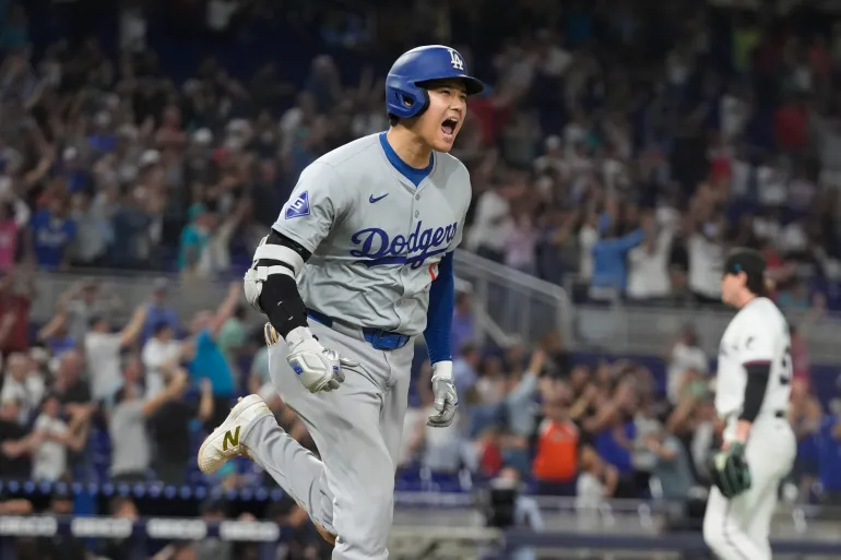 Ohtani was in celebratory mood after hitting his 50th home run of the season