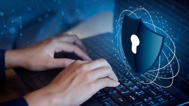 Press enter button on the keyboard computer Shield cyber Key lock security system abstract technology world digital link cyber security on hi tech Dark blue background, Enter password to log in. lock finger Keyboard