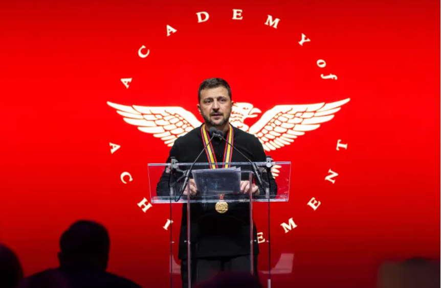 President Zelenskyy gives a speech as he receive the annual award of American academy of achievement