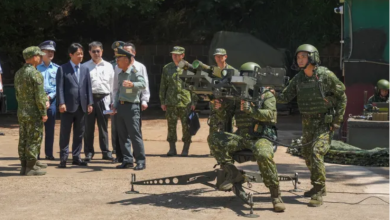 Taiwan president Lai Ching-te{4th left} watches a demonstration of US-made dual mount stinger air defence sysytem