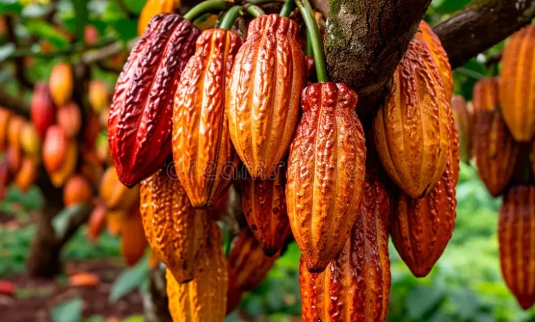fruit ripe yellow cacao cacao tree harvest agricultural cocoa business produces group red cocoa pods hanging 304363701