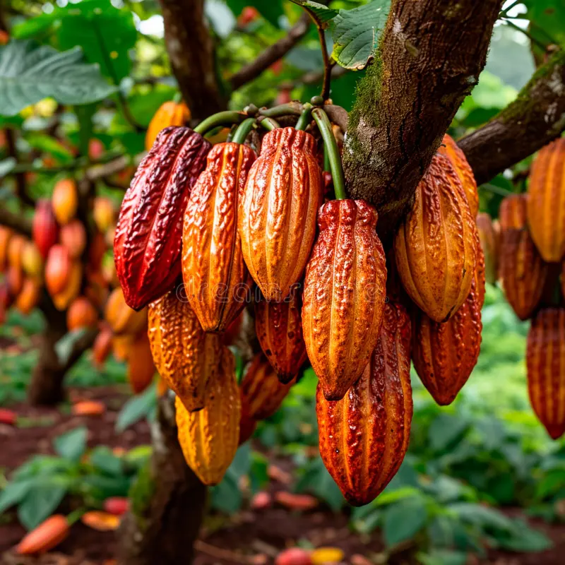 fruit ripe yellow cacao cacao tree harvest agricultural cocoa business produces group red cocoa pods hanging 304363701