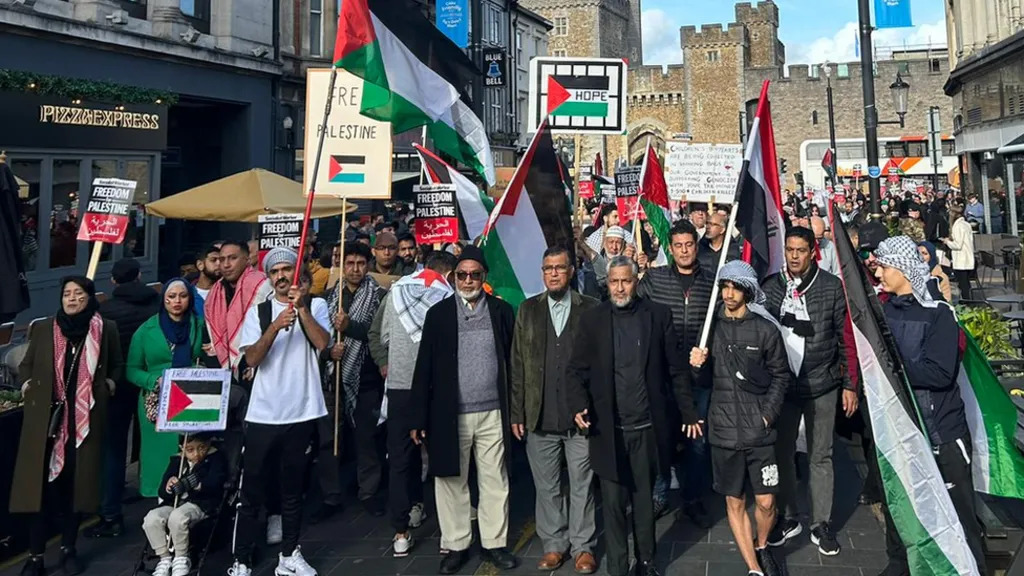 Demonstrators gathered at the Aneurin Bevan statue on Queen Street in Cardiff