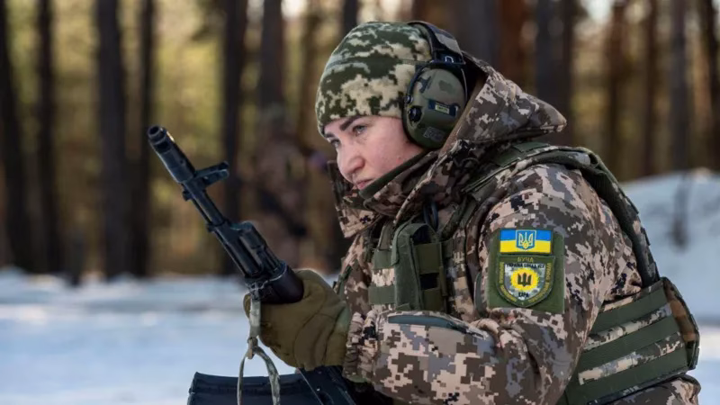 A Ukrainian soldier during training in February 2025