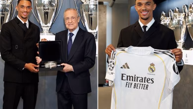 Trent Alexander-Arnold (left) with Real Madrid President Florentino Perez