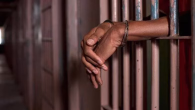 A person's hands and forearms extend through the bars of a jail cell in a dim corridor.