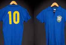 Two blue football shirts hang against a dark background, showing a yellow number 10 on the back and a Brazil-style CBD crest on the front.