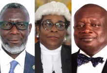 A three-panel composite of formal portrait photographs showing three people in professional attire, with the middle person wearing a judicial wig and robe.