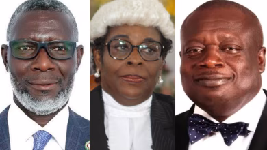A three-panel composite of formal portrait photographs showing three people in professional attire, with the middle person wearing a judicial wig and robe.