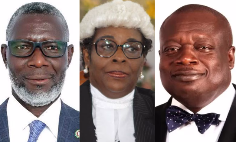 A three-panel composite of formal portrait photographs showing three people in professional attire, with the middle person wearing a judicial wig and robe.