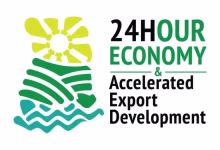 A clean white graphic displays a stylized yellow sun, green agricultural field lines and blue waves beside the text “24HOUR ECONOMY & Accelerated Export Development.”