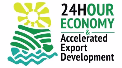 A clean white graphic displays a stylized yellow sun, green agricultural field lines and blue waves beside the text “24HOUR ECONOMY & Accelerated Export Development.”