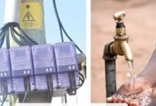 A split image shows several electricity meters mounted beside cables and a person washing their hands under a running outdoor tap.