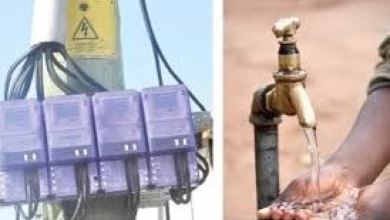 A split image shows several electricity meters mounted beside cables and a person washing their hands under a running outdoor tap.