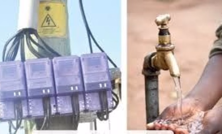 A split image shows several electricity meters mounted beside cables and a person washing their hands under a running outdoor tap.