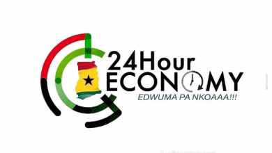 A white graphic displays the multicolored 24 Hour Economy logo with a Ghana-shaped emblem and clock motif.
