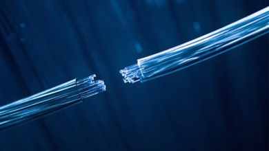 A close-up illustration shows two severed bundles of glowing blue fiber-optic cables separated against a dark blue background.