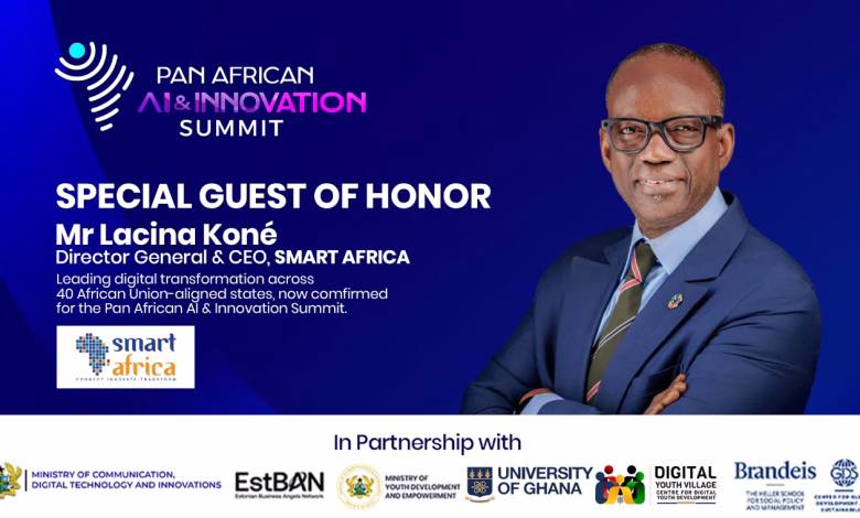 A promotional graphic announces a special guest of honor for the Pan African AI and Innovation Summit alongside multiple partner logos.