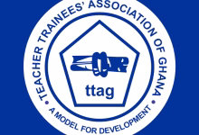 A blue-and-white graphic displaying the circular logo of the Teacher Trainees’ Association of Ghana around a stylized hand holding a scroll.